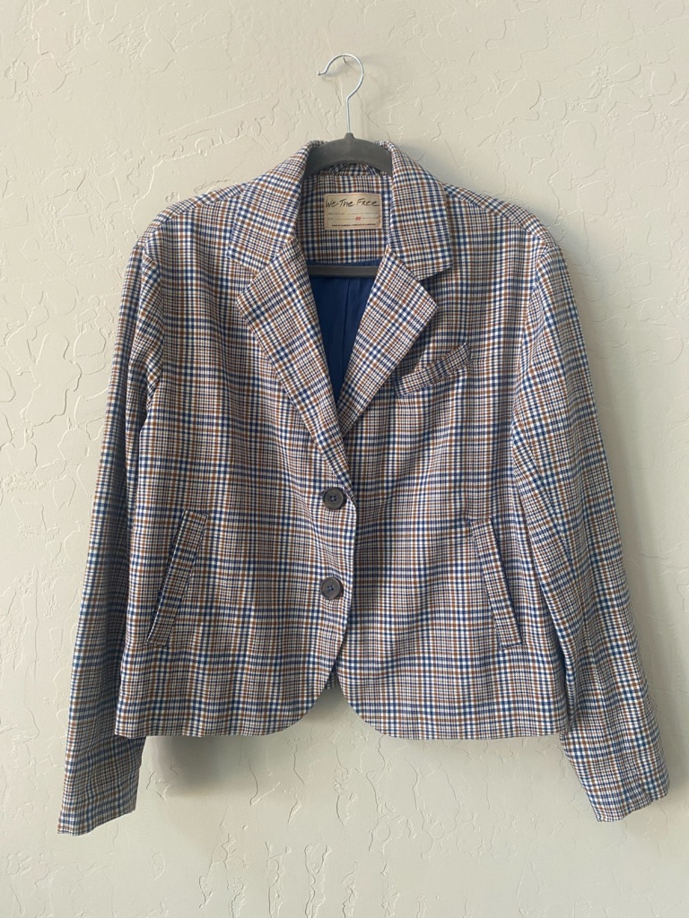 We The Free Women's Plaid Blazer Jacket XS Blue Brown Polyester Viscose